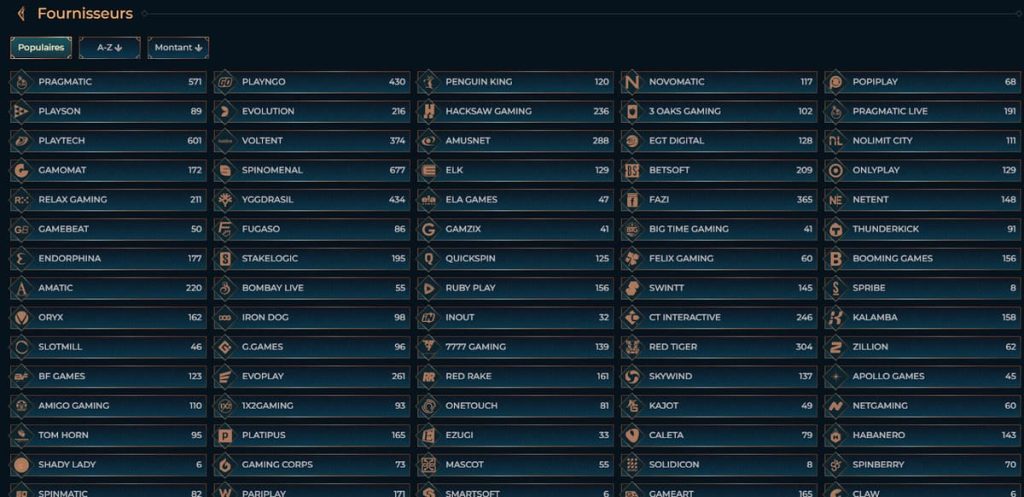 Monsterwin Casino fournisseurs